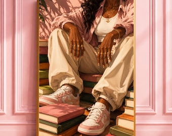 Pink Sneakers Wall Art, Streetwear Black Woman Print, Book Lover Aesthetic Poster, Fashion Dressing Room Decor, Cool Girl Office Sign