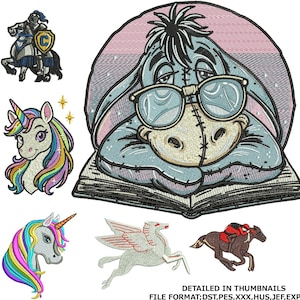 Diseños de bordado a máquina de unicornio, linda cara de unicornio, arcoíris, orejas y monograma. Archivos PES y DST para camisetas y gorros de niñas.