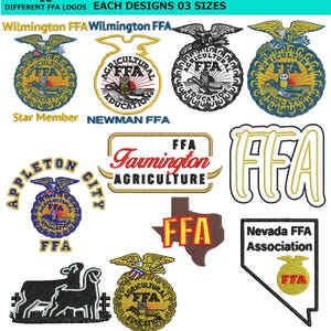 May include: A collection of ten embroidered FFA logo designs in various styles, including circular emblems with eagles and owls, a Texas-shaped patch, and a Nevada-shaped patch. Text includes Wilmington FFA, Farmington Agriculture, and Nevada FFA Association.