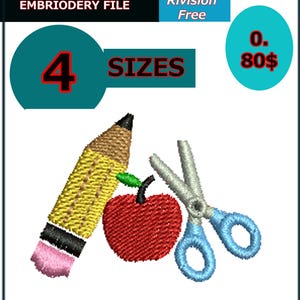 May include: An embroidery design file featuring a yellow pencil with a pink eraser, a red apple with a green leaf, and light blue scissors. Text includes AhilAfra Digitizing, FILEFORMATS: DST, PES, JEF, HUS, XXX, CND, EXP, EMBRIODERY FILE, 4 SIZES, and INSTANT DOWNLOAD.