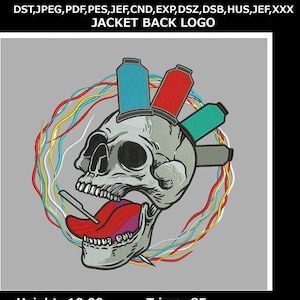 May include: An embroidered jacket back logo design featuring a skull with colourful thread spools on top. The skull has a red tongue and is surrounded by colourful threads. The design is 25.4 cm high and 23.37 cm wide.