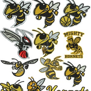 May include: A collection of 12 machine embroidery designs featuring yellow and black hornet mascots in various poses, some holding basketballs or wearing jerseys. The text includes 1.50, 1.75, 2.25, 2.50, 2.75, 3.00, 3.25, 3.50, 4.00, 5.00, CAP AND LEFT CHEST, MIGHTY HORNETS, and Hornets.