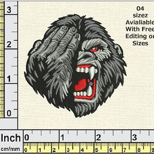 May include: An embroidered patch featuring a gray gorilla face with a hand covering one eye and a red mouth with white teeth. The text reads 04 sizez Avialiable With Free Editing or Sizes. A ruler shows the patch is approximately 3 inches wide.