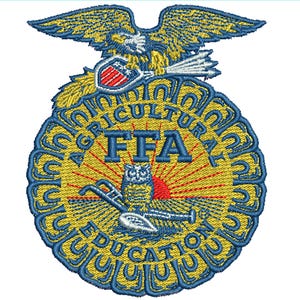 May include: An embroidered FFA emblem patch featuring a blue and gold eagle, shield, owl, and plow. The text reads AGRICULTURAL EDUCATION and FFA. The design includes widths of 2.00, 3.00, 3.25, 3.50, 3.75, and 4.00 inches for cap and left chest placement.