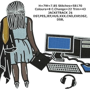 May include: An embroidered design featuring a figure in a graduation gown, holding a laptop, with a computer setup. The figure is wearing a light blue dress and a black graduation gown with a gold accent. The design includes a computer monitor, keyboard, mouse, and headset. The text "JACKETBACK 2$" is included.