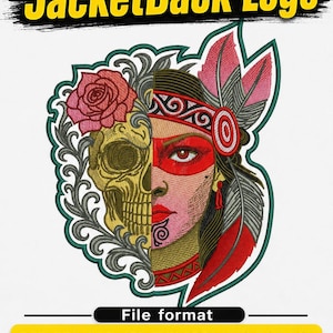 May include: An embroidery design featuring a split face graphic with a gold skull on the left and a person with red face paint and a feathered headdress on the right. Text reads AhilAfraDigitizing JacketBack Logo and file formats .DST, PES, CND, JEF, EXP, XXX, HUS, DSZ, DSB.