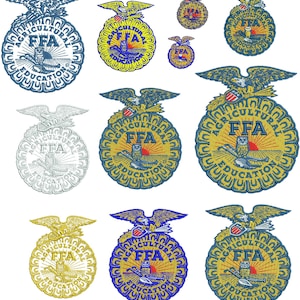 May include: A collection of eleven embroidered patches featuring the FFA emblem, which includes an eagle, an owl, a plough, and the text Agricultural Education FFA. The patches vary in size and colour, including blue, yellow, and silver thread designs.