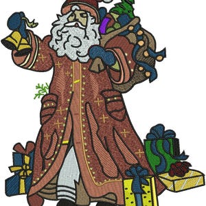 May include: An embroidered design of Santa Claus wearing a long, dark red coat with gold trim and a matching hat. He has a white beard, carries a brown sack filled with gifts and a small green tree, holds two gold bells, and stands near wrapped presents.