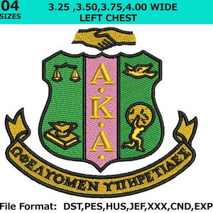 May include: An embroidered patch featuring a shield with green and pink sections, gold symbols including scales, a lamp on a book, a bird, and a figure holding a globe. The letters AKA are centered vertically. A handshake sits above, and a banner with Greek text is below. Sizes 3.25, 3.50, 3.75, 4.00 inches wide.