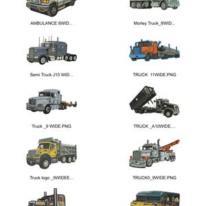 May include: A collection of ten digital illustrations featuring various vehicles including an ambulance, multiple semi-trucks, a dump truck, a tow truck, and a delivery van with flame graphics, each labeled with its respective file name below it.