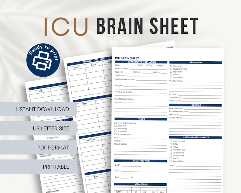 Icu Stack ICU Brain Sheet Printable Bundle | Nurse Report Sheet PDF - Etsy