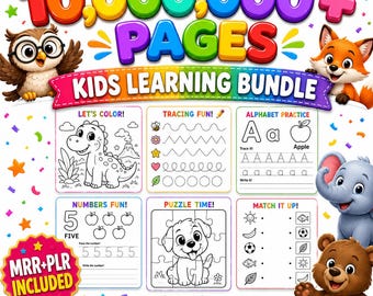 May include: A digital kids learning bundle featuring 10,000,000+ pages with coloring, tracing, alphabet, numbers, puzzles, and matching worksheets. Includes MRR+PLR, an owl, fox, elephant, and bear illustration, plus colorful confetti accents.