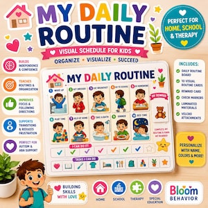 May include: A white rectangular visual schedule board titled My Daily Routine featuring ten numbered task cards with illustrations of a child performing daily activities, a reward section with a teddy bear, and a row of checkmark boxes.