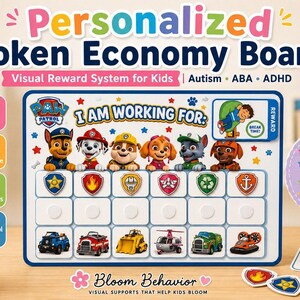May include: A white rectangular Paw Patrol themed token economy board featuring the text I AM WORKING FOR, six character illustrations, a reward slot, and two rows of white squares with circular velcro attachments for placing small tokens.