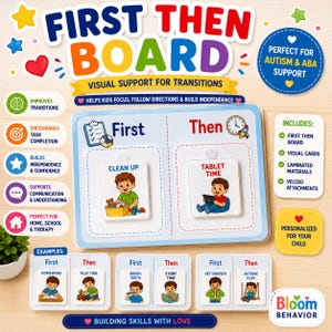 May include: A First Then Board visual support tool featuring a central board with two sections labeled First and Then, accompanied by interchangeable cards depicting activities like Clean Up and Tablet Time, surrounded by informational text labels.