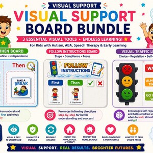 May include: Visual support board bundle for kids with autism, ABA, speech therapy, and early learning. Includes first-then boards, follow instructions boards, and visual traffic lights. Designed to help children understand and succeed.