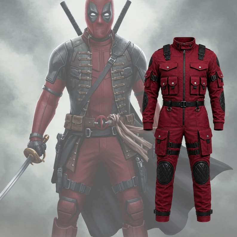 Deadpool inspired tactical red cosplay costume front view with combat jumpsuit details.