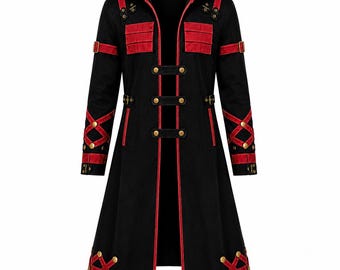 Women’s Steampunk Hooded Coat, Gothic Victorian Long Trench Coat, Black Red Military Cosplay Jacket