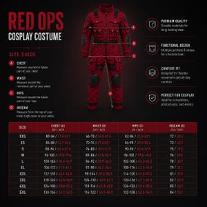 Full body Deadpool inspired cosplay costume with red and black combat design.