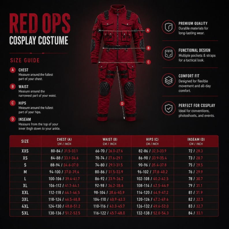 Full body Deadpool inspired cosplay costume with red and black combat design.