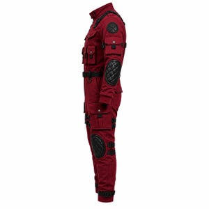 Tactical red superhero costume for cosplay events, conventions, and photoshoots.