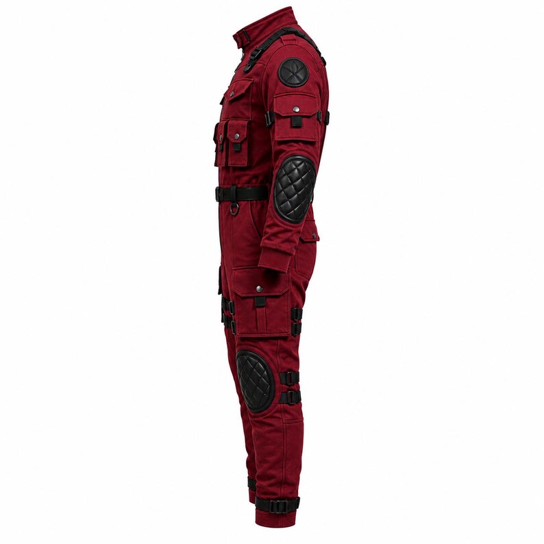 Tactical red superhero costume for cosplay events, conventions, and photoshoots.