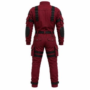 Red mercenary superhero cosplay outfit with tactical panel design for Comic Con.