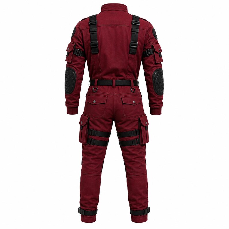 Red mercenary superhero cosplay outfit with tactical panel design for Comic Con.