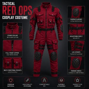 Comic inspired red mercenary cosplay suit with realistic tactical styling.