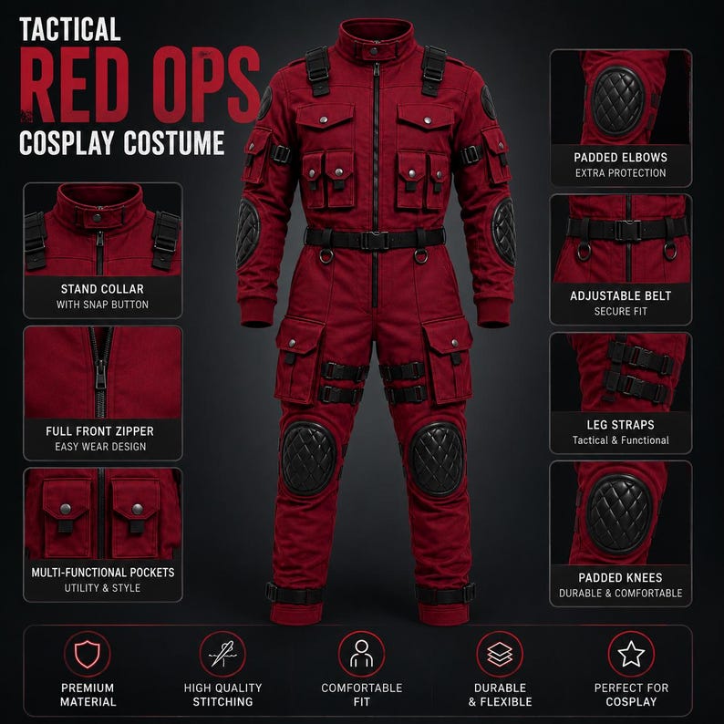 Comic inspired red mercenary cosplay suit with realistic tactical styling.