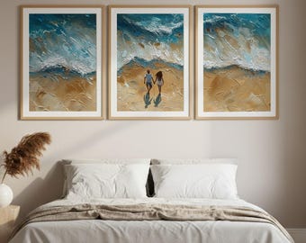 Tríptico de pared con pareja paseando por la playa, juego de 3 láminas abstractas imprimibles con motivos marinos.