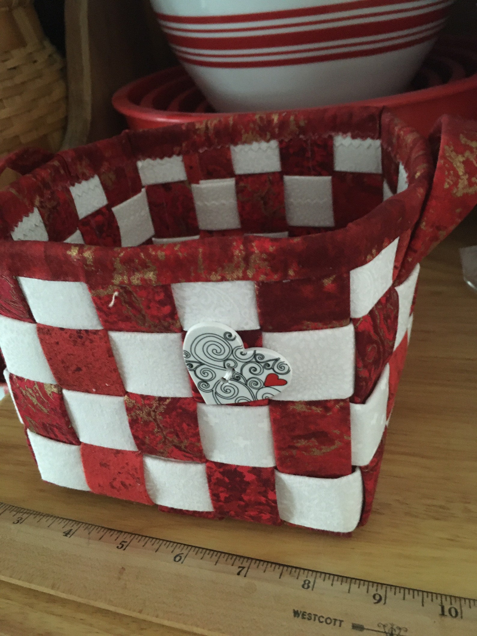 Handcrafted Red and White Fabric Woven Basket With Heart Etsy