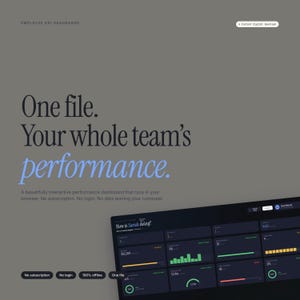 Op de afbeelding: Een digitale dashboardinterface met de tekst "One file. Your whole team's performance." Het dashboard toont datavisualisaties en de tekst "How is Sarah doing?" De afbeelding bevat ook de tekst "No subscription, No login, 100% offline, One file."