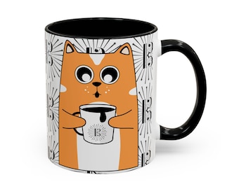 Orange Katze, die Altoschlüssel-Kaffee-Tasse hält