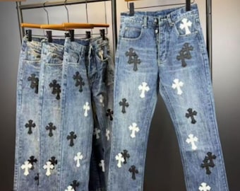 Chrome Hearts Vintage Wash Ice Blue Cross Patch Denim Pants | Straight Fit Gothic Jeans | Limited Edition Style Streetwear