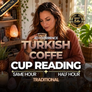 May include: A person holding a small patterned cup with the text 40+EXPERIENCE TURKISH COFFE CUP READING SAME HOUR HALF HOUR TRADITIONAL. The person is positioned behind a table covered in tarot cards, with a salt lamp and plants visible nearby.