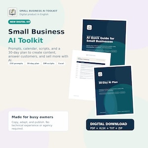 Puede incluir: Un kit de herramientas digital para pequeñas empresas, con una guía, un plan de 30 días y indicaciones para crear contenido y vender más con IA. El kit incluye archivos PDF, XLSX, TXT y ZIP. El texto dice "Small Business AI Toolkit".