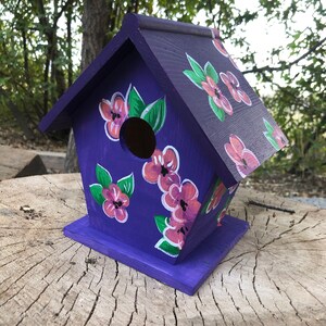 Purple Pink Flowers Handpainted Birdhouse