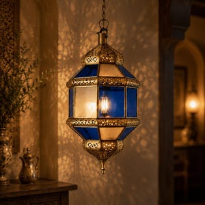 Handmade Moroccan Brass & Milky Blue Glass Pendant Light, Vintage Lantern Ceiling Lamp, Boho Hanging Light for Entryway Kitchen