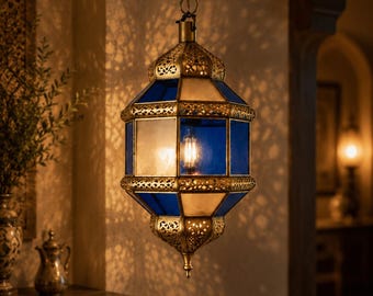 Handmade Moroccan Brass & Milky Blue Glass Pendant Light, Vintage Lantern Ceiling Lamp, Boho Hanging Light for Entryway Kitchen