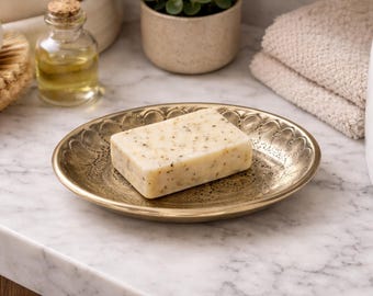 Handcrafted Brass Soap Dish, Moroccan Engraved Oval Tray, 12x8 cm, Boho Bathroom Decor