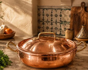 Olla de cobre marroquí hecha a mano con tapa, cacerola de cobre revestida de estaño, asas de latón, utensilios de cocina artesanales, regalo de decoración de cocina