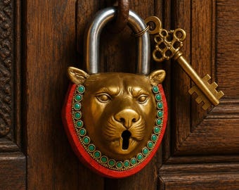 Handmade Moroccan Lion Head Padlock with Key, Brass Decorative Lock, Vintage Style Lock, Moroccan Decor Gift