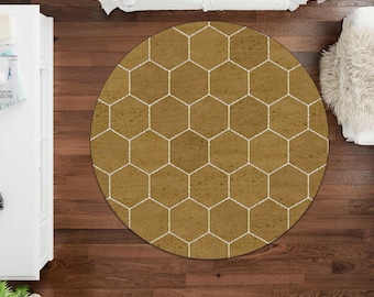 Round Rug, Hexagon Patterned, Honeycomb Design, Vintage Patterned, Blue, Brown, Office Chair Mat, For Lounge, For Living Room, Customizable
