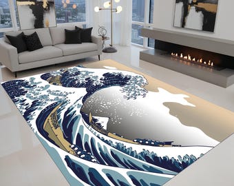 Minimalist Ocean Wave Rug, Japanese Inspired Area Rug, Zen Home Decor Carpet, Coastal Style Floor Rug, Neutral Modern Rug,  Asian Decor