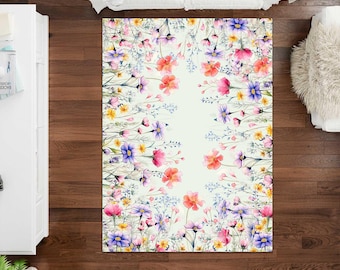 Colorful Flowers Rug, Botanical Rug, Leaves, Brown, Beiege, Flower Rug, For Living Room, Christmas Rug, For Kitchen, Gift For Mommy