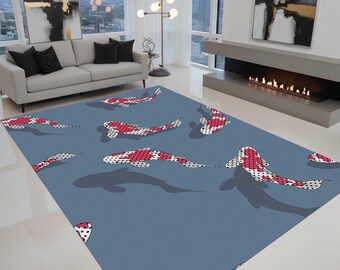 Zen Koi Fish Rug, Japanese Inspired Area Rug, Cherry Blossom Carpet, Yin Yang Home Decor, Japandi Style Floor Rug,Japanese Koi Fish Area Rug