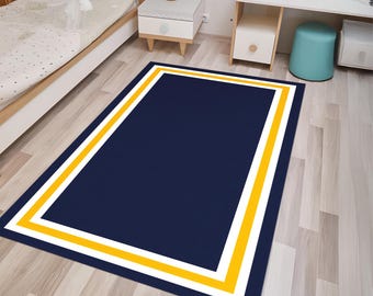 Minimalist Border Rug, Modern Geometric Area Rug, Contemporary Navy Blue Rug, Luxury Framed Carpet, Living Room Decor, Custom Color Rug