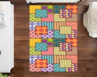 Colorful Patchwork Area Rug, Boho Quilt Pattern Rug, Retro Floral Carpet, Eclectic, Maximalist Living Room, Bedroom Decor, Living Room
