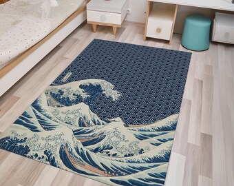 Japanese Inspired Ocean Wave Area Rug, Seigaiha Pattern Carpet, Zen Coastal Decor, Minimalist Asian Style Rug, Modern Living Room Carpet